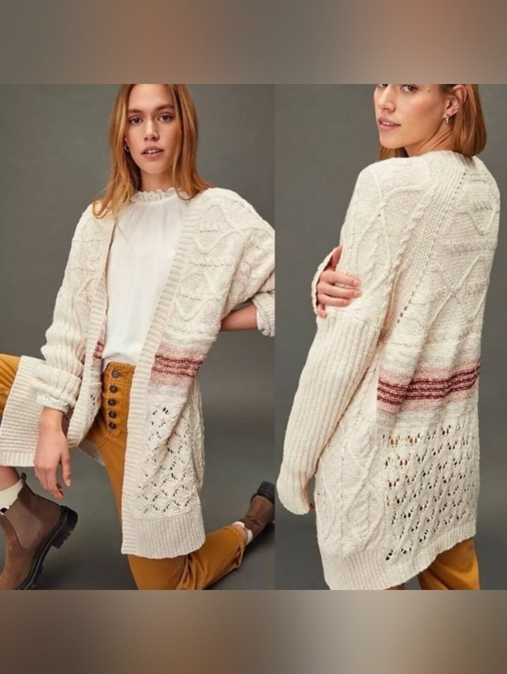 Anthropologie Pilcro Cream Beige Jemma Cable Knit Open Cardigan